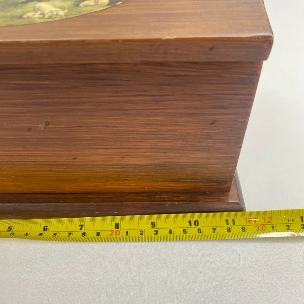 Vintage solid wood brass hinge counter storage keepsake box Currier & Ives inla